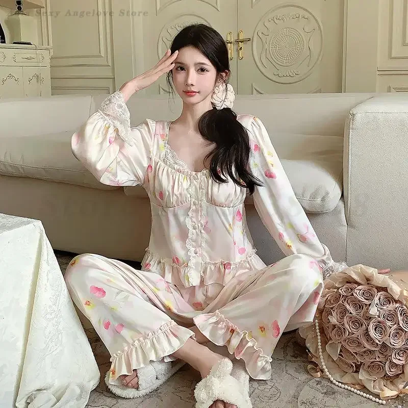 

Милый пижамный комплект с принтом, сексуальная рубашка из ледяного шелка с длинными рукавами и брюки, одежда для сна, весна-лето 2021, женская домашняя одежда, одежда для дома