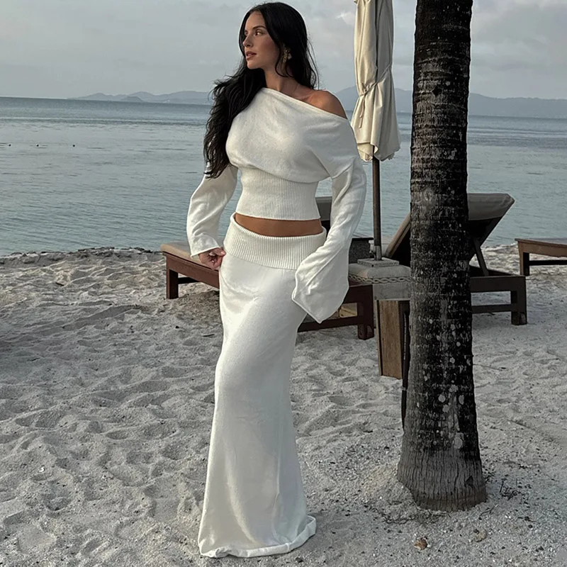 

Tornova One Shoulder Sweater Suit Women's Flare Sleeve Knitted Pullover Autumn Winter New Slim Long Skirt High Waist Female Sets