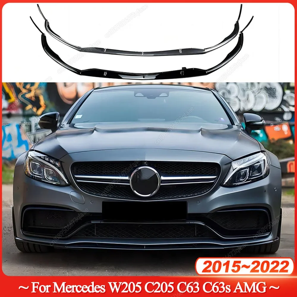 Car Front Bumper Lip Diffuser Spoiler For Mercedes Benz C Class W205 C205 C63 C63s AMG 2015-2022 Gloss Black Body Kits Tuning