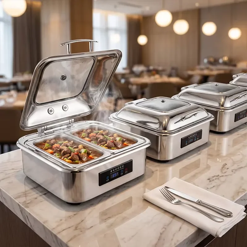 Smart Digital Control Square Restaurant Serving Buffet Warmer Visible Glass Lid Hydraulic Hinge Stainless Steel Electric