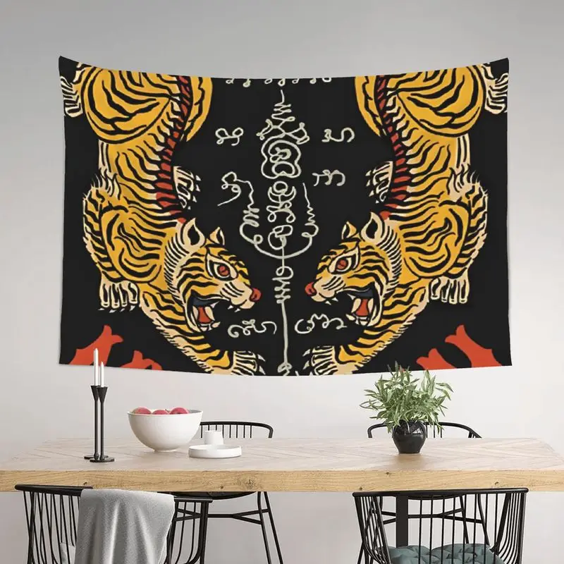 VIKAMA Vintage Twin Tiger Tapestry Thai Sacred Rune Totem Wall Hanging Exotic Aesthetic Home Decor