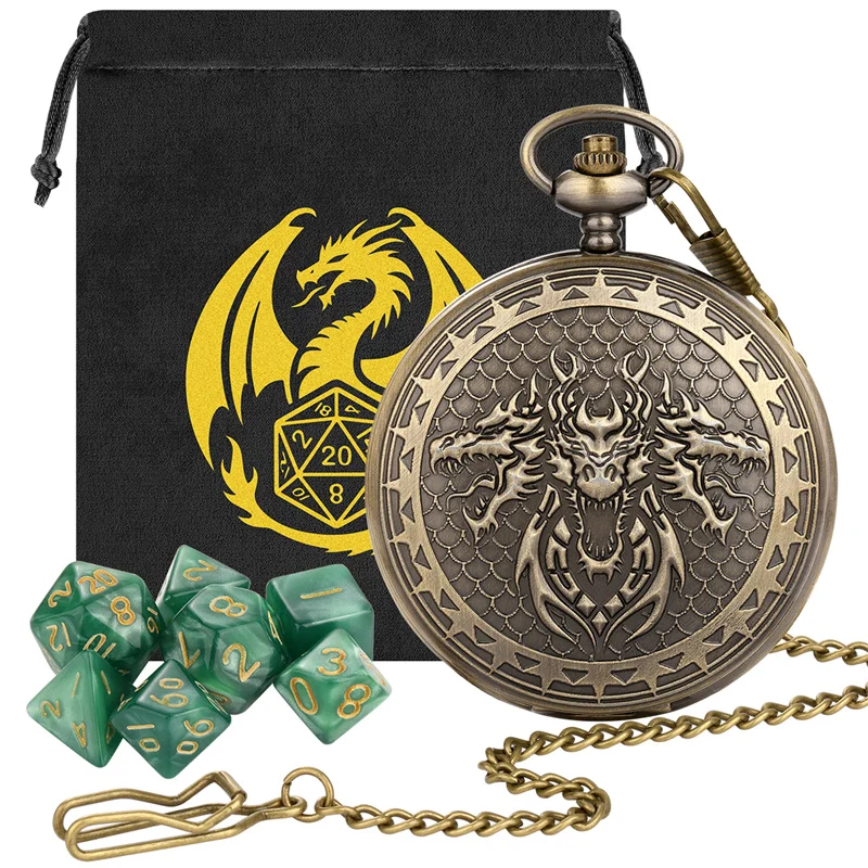 กล่องใส่พ็อกเก็ตวอทช์วินเทจลายหัวมังกรสามหัวขนาดใหญ่ พร้อมสายคล้องคอแบบ FOB และอะคริลิกทรงหลายเหลี่ยมขนาดเล็ก 7 ชิ้น สำหรับใส่ของเล่นเกม RPG DND