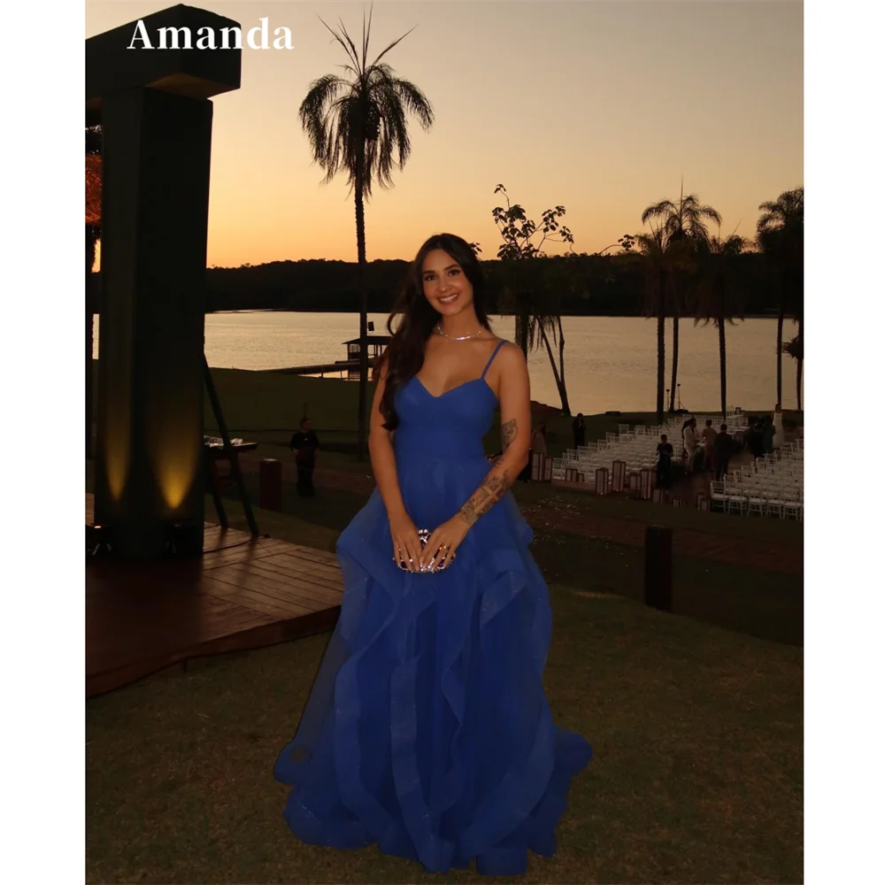 

Amanda Customized Blue Spaghetti Strap Glitter Prom Dresses Multilayer Pleats vestidos de noche A-Line Sleeveless Formal Evening