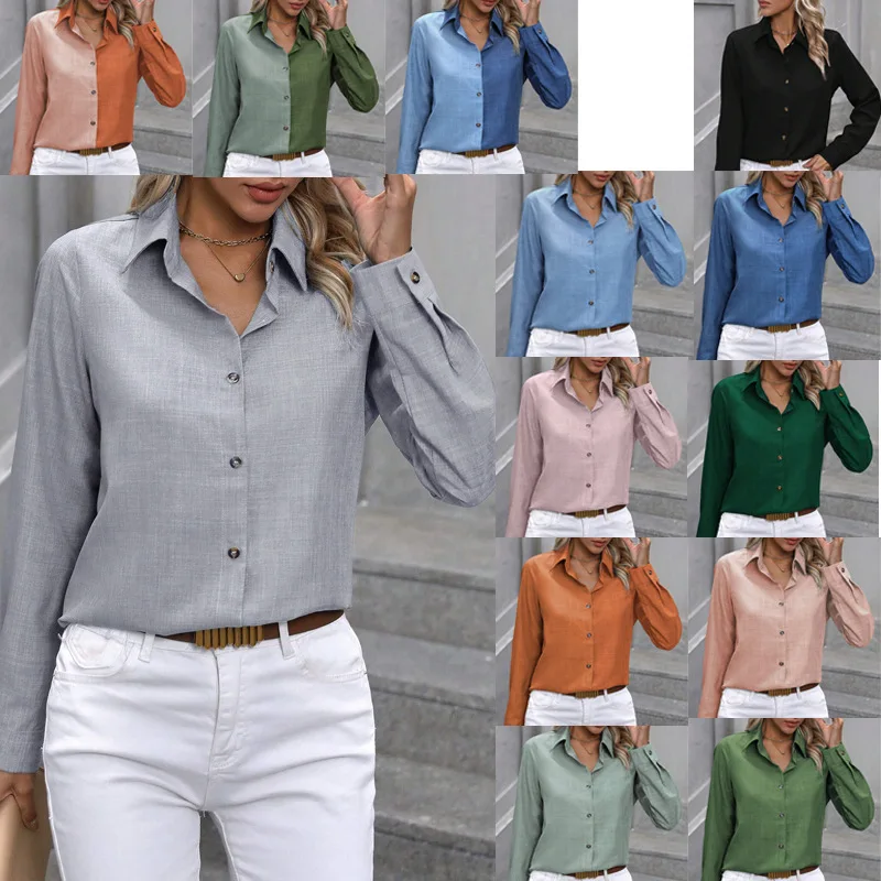 

2026 spring and summer Europe and the United States new casual single-breasted solid color color matching long-sleeved lapel shi