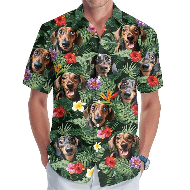 3D Full Print Hawaiian Dachshund Graphic Shirt For Men Summer Casual Button Up Surfing Beach Shirts Blusas Mens Oversize Tee Top