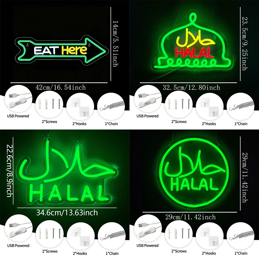 Halal Led Neon Sign, Food Icon Wall Business Wall Lamp, Suitable For Restaurant And Fast Food Restaurant Decor, Easy To Hang.
