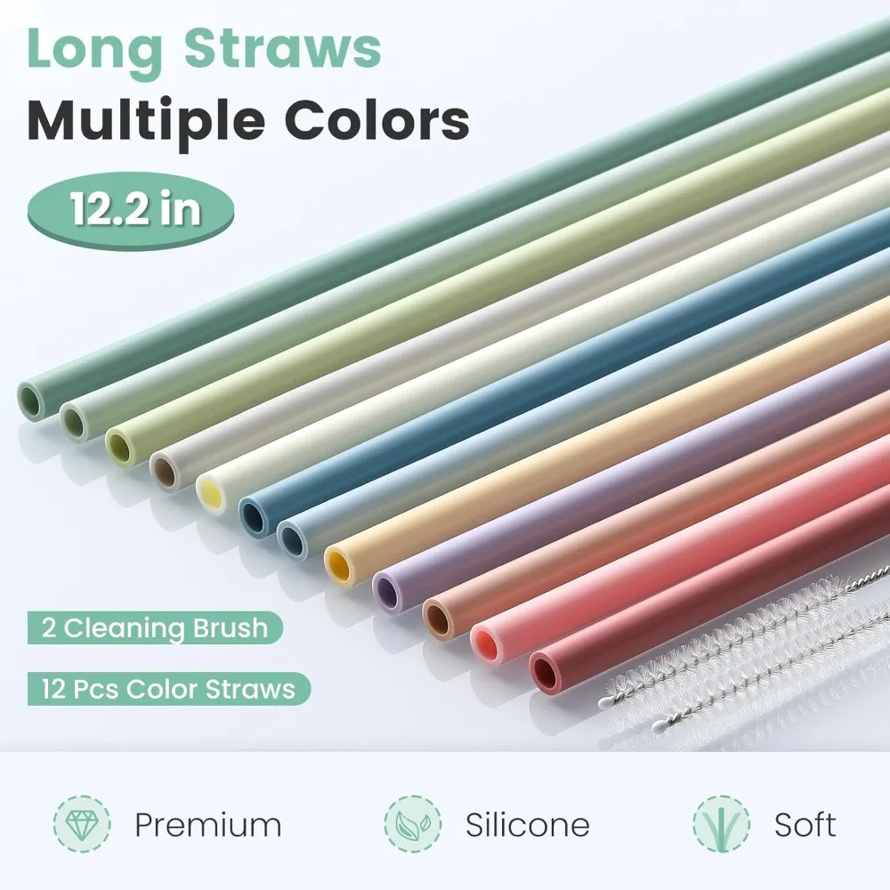 12-Pack Long Silicone Reusable Straws for Stanley Cups 40 oz 30 oz Tumblers Replacement Straws with 2 Cleaning Brushes view 2