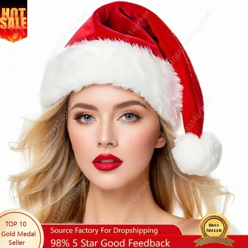 

Christmas Hat Santa Hats for Adults Unisex Red Velvet Extra Thicken Xmas Hat for New Year Festive Holiday Party