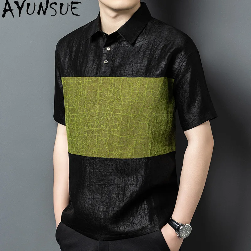 AYUNSUE High-end 100% Real Mulberry Silk Shirt for Men High Quality Summer Top Luxury 2026 Xiangyunsha Short Sleeve Shirts Man