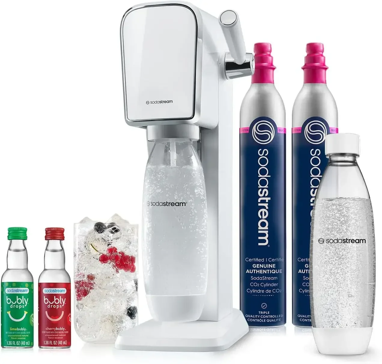 Art Sparkling Water Maker Bundle (White), with CO2, DWS Bottles, and Bubly Drops Flavors