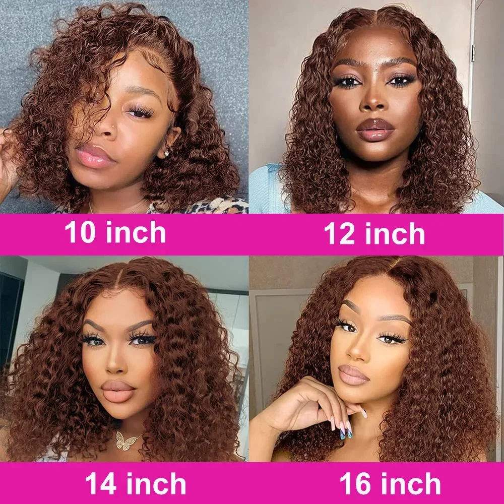 #4 Dark Brown Deep Wave Curly Short Bob Hair Wig Brazilian Hair Chocolate Brown 13x4 Transparent Lace Front Wig Remy for Women ﻿