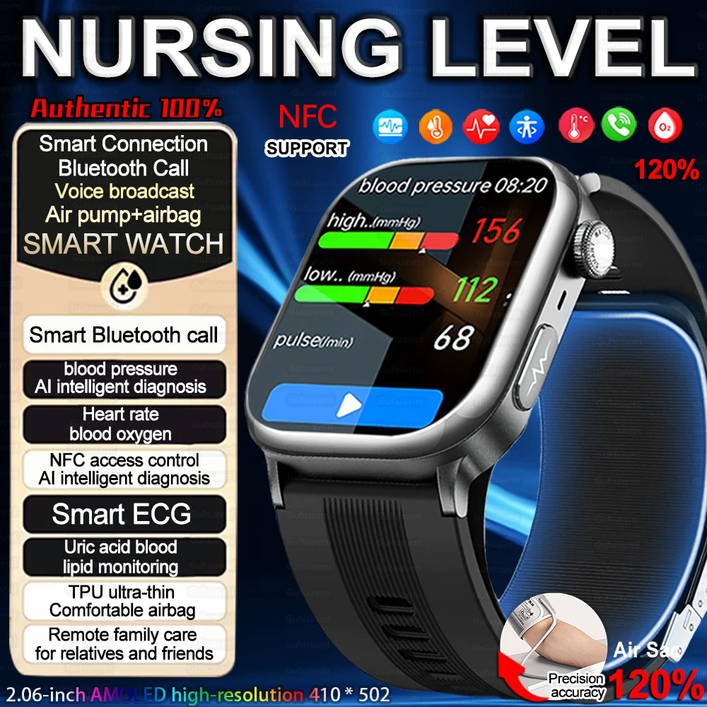 

2025 New Upgrade ECG+HRV Air pump airbag Accurate Blood Pressure Measure Smart Watch NFC lipids Uric acid Smartwatch Men Women