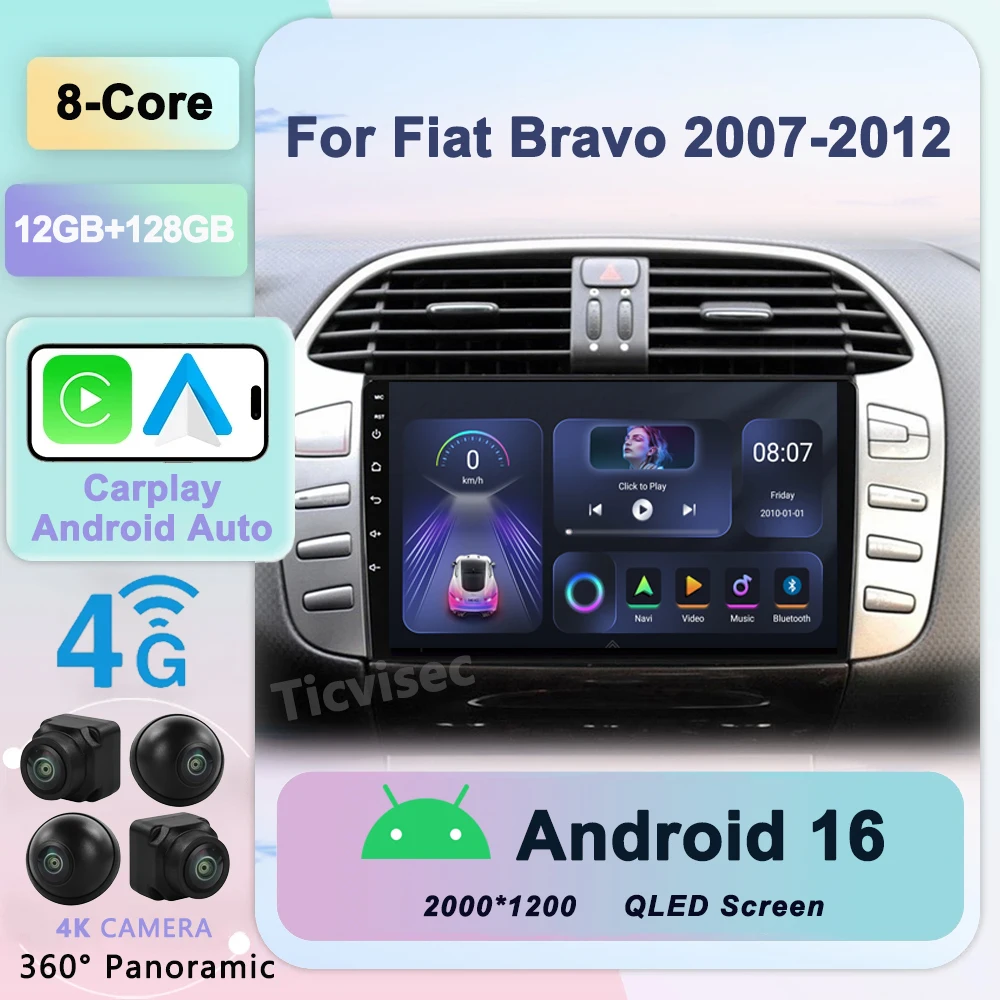 

Android 16 Car Radio Multimedia Video Player 2 Din GPS Navigation For Fiat Bravo 2007-2012 Autoradio Audio Stereo Carplay 4G DVD