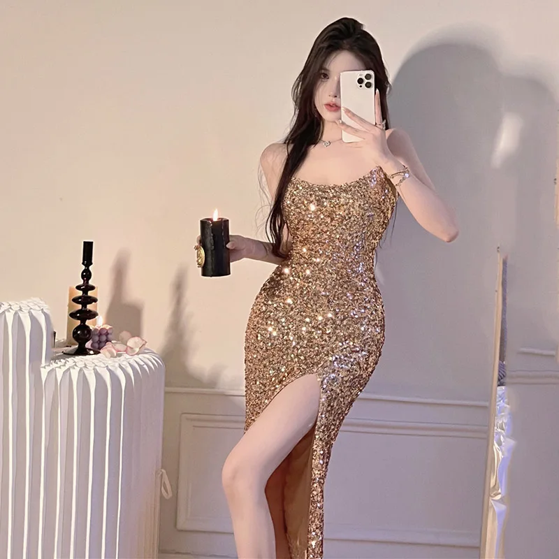 Women\'s Sexy Suspender backless Evening Dress Golden Sequins Wedding Long Dresses Summer 2024 Slim Fit Y2K Luxury Party Vestidos