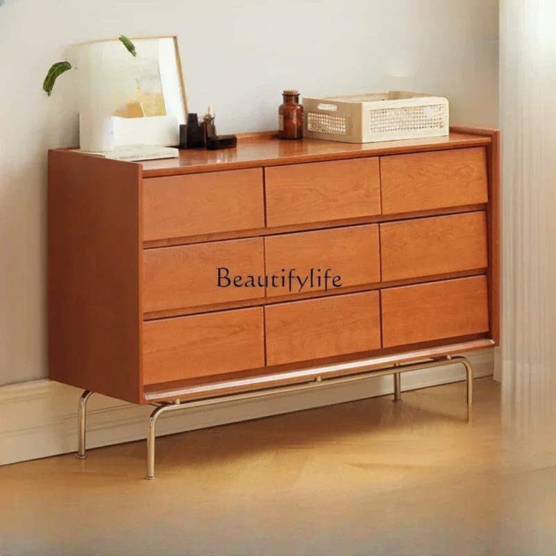 

Solid wood nine chest cabinet storage cherry wood living room stainless steel retro simple storage drawer cabinetLX