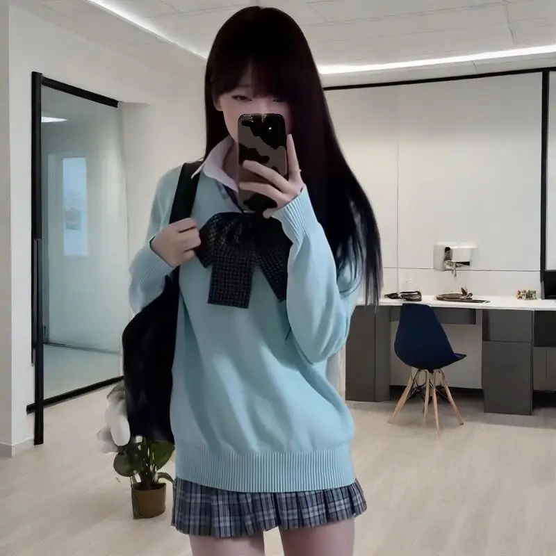 High quality JK knitted sweater pullover sweater, autumn and winter long sleeved sweater, college style V-neck jacket for women