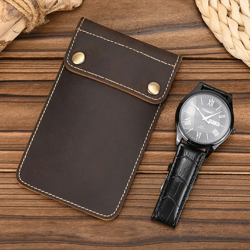 Retro crazy horse leather watch bag creative leather watch storage holster one piece watch case for men male watch box pouch