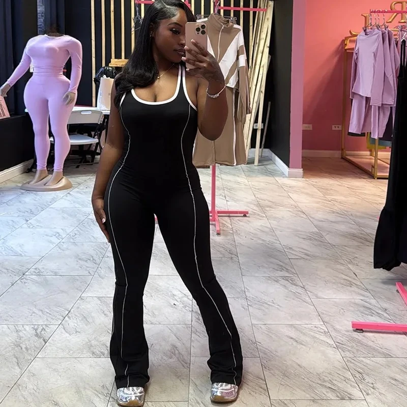 BWQ ファッション女性背中の開いたノースリーブストライプスプライシングフィットネスヨガタンクジャンプスーツ 2025 夏服ワンピーススーツロンパース