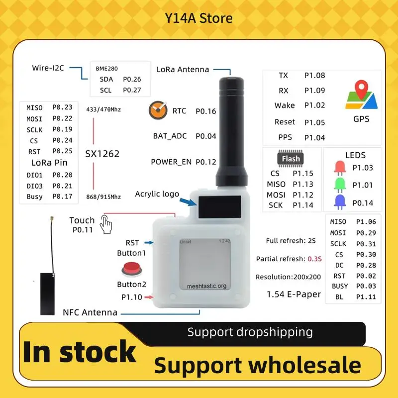 

Y14A Softrf T-Echo NRF52840 Беспроводной модуль Lora SX1262 433/868/915 МГц L76K GPS 1,54 Электронная бумага Датчик BME280 в комплекте