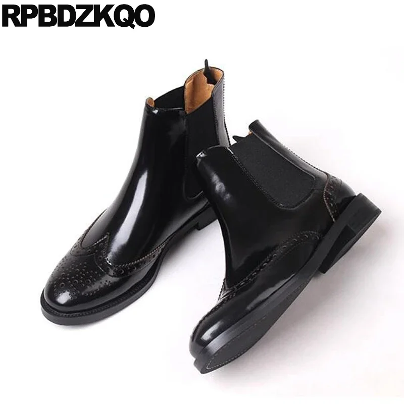 

Autumn Trend Shoes Chunky Flat Chelsea Women Ankle Boots 2022 Round Toe Patent Leather Black Brogue British Slip On Fashion