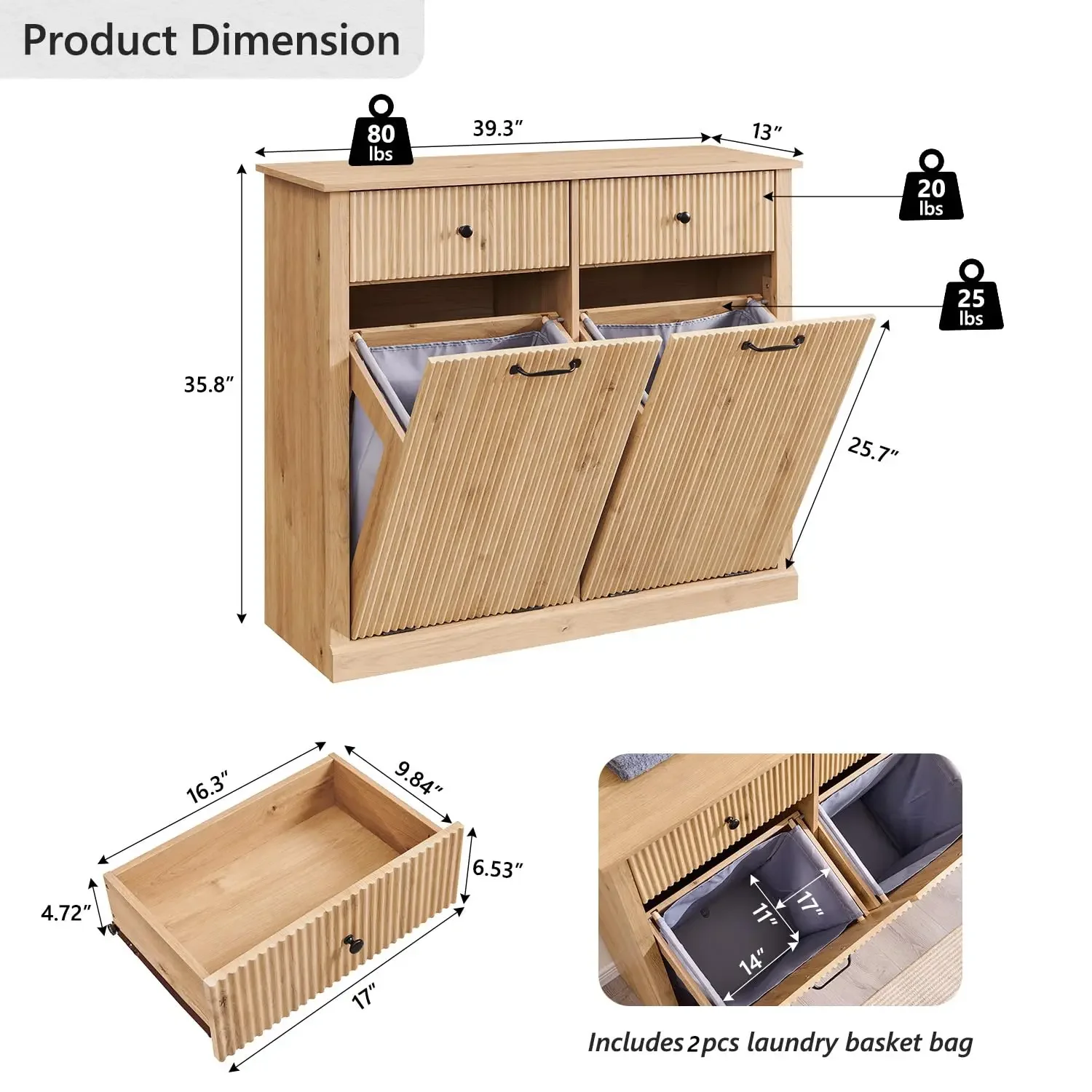 Modern Double Tilt-Out Trash Cabinet, 20 Gallon Fluted Laundry Hamper with 2 Drawers, Wooden Hidden Garbage Can Cabinet, Natural