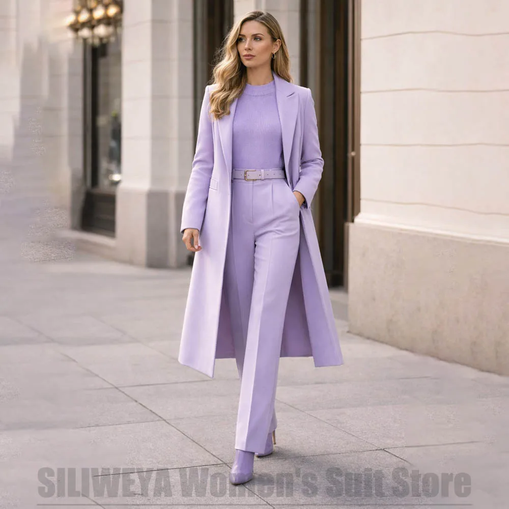 Women's Lavender 2 Piece Suit Single Breasted Long Blazer with Pants Formal Business Casual Office Wedding Party Prom Lady Suits