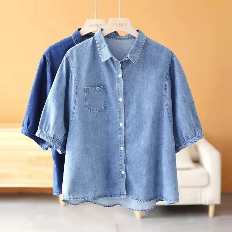 Women Fashion Lapel Collar Single Breased Denim Blouses Female Casual Half Sleeve With Pockets Solid Jeans Shirts Tops