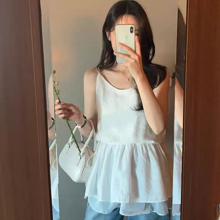 春夏 レイヤードデザイン ドローストリングウエスト ホルターシャツ カジュアルスタイル レディース アウター レギュラースリーブ 長さ その他素材