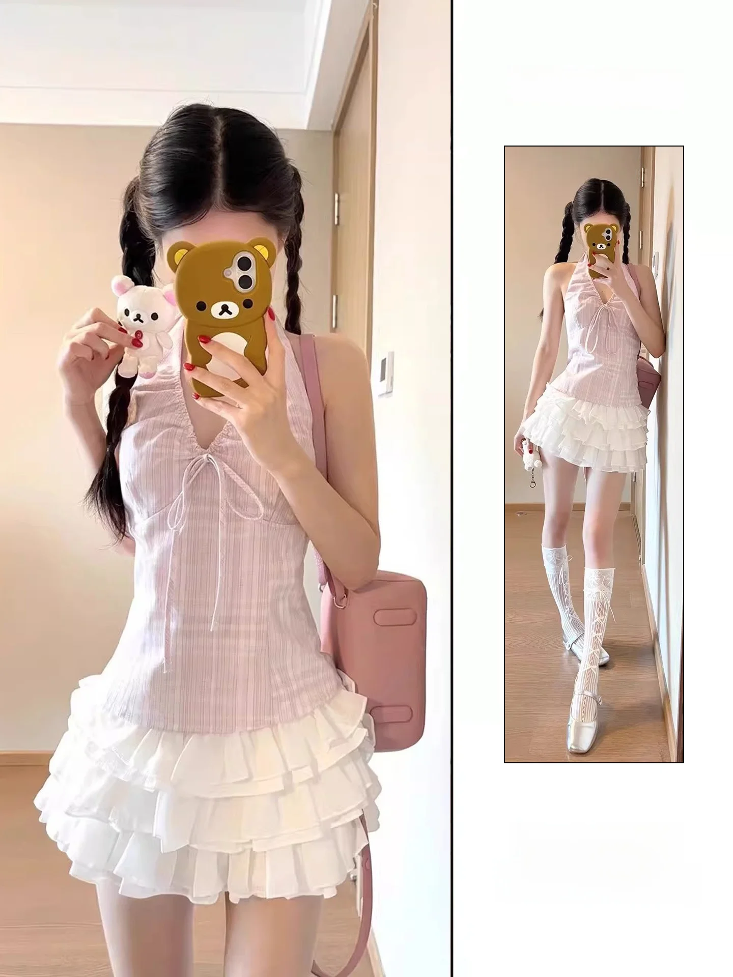 

Spring Autumn Women's Striped Off-Shoulder Crop Top And Puffy Skirt Set Breathable Lightweight V-Neck Sleeveless Fashion Set