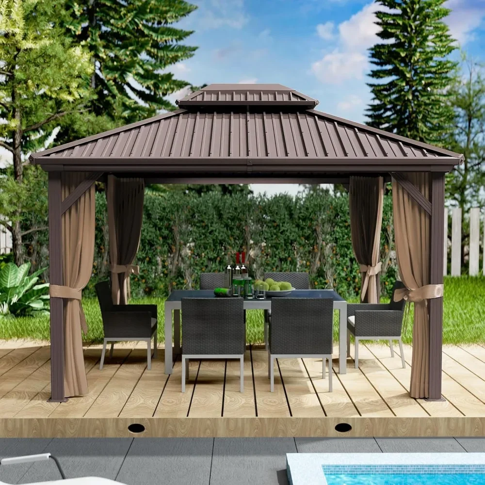 10'x12' Hardtop Gazebo - Permanent Metal Pavilion with Netting Shaded Curtains for Patio,Deck - Galvanized Steel, Arches