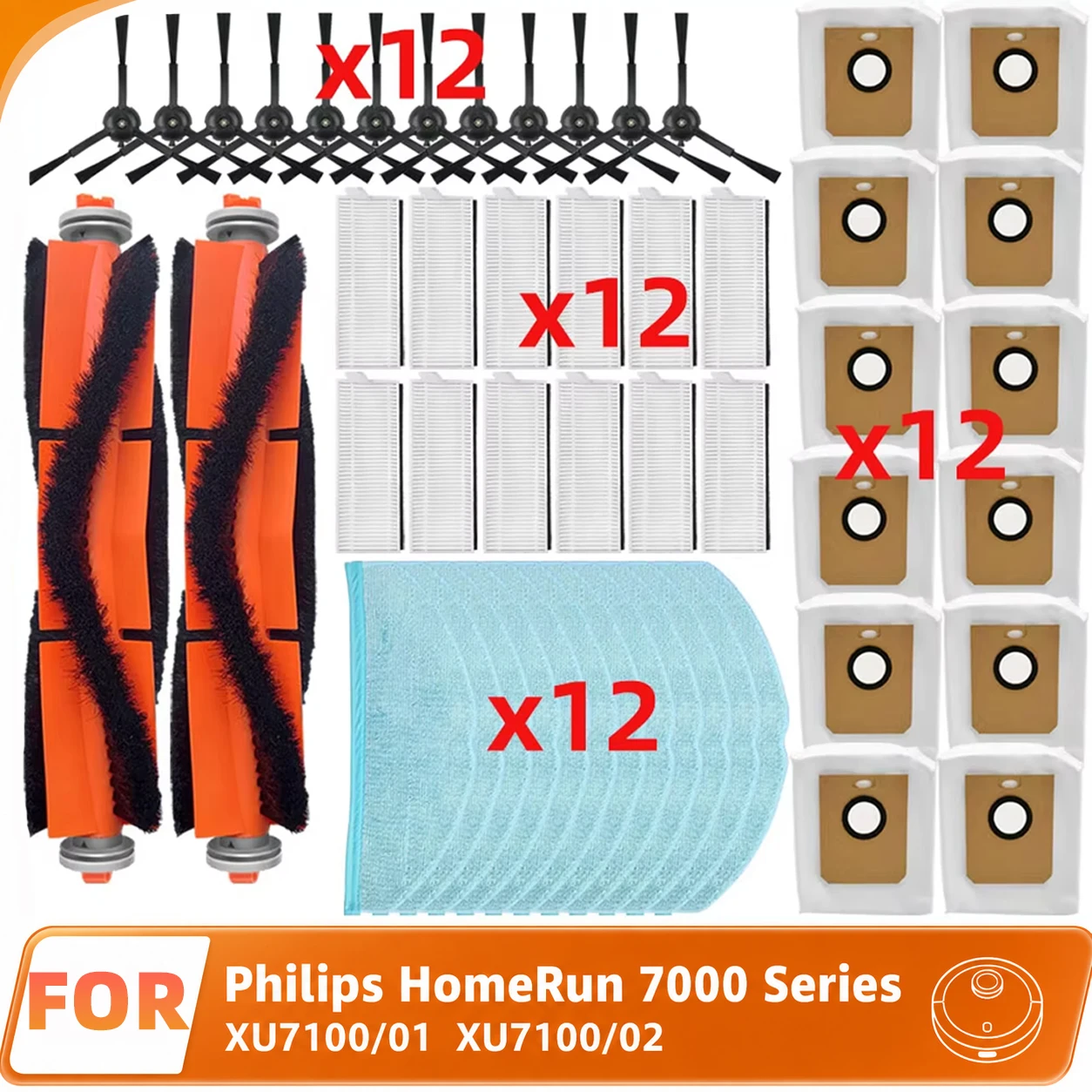 Kompatibel für Philips Homerun Serie 7000 XU7100/01 XU7100/02 Staubsaugerteile Haupt- und Seitenbürste HEPA-Filter Moptuch Staubbeutel Zubehör