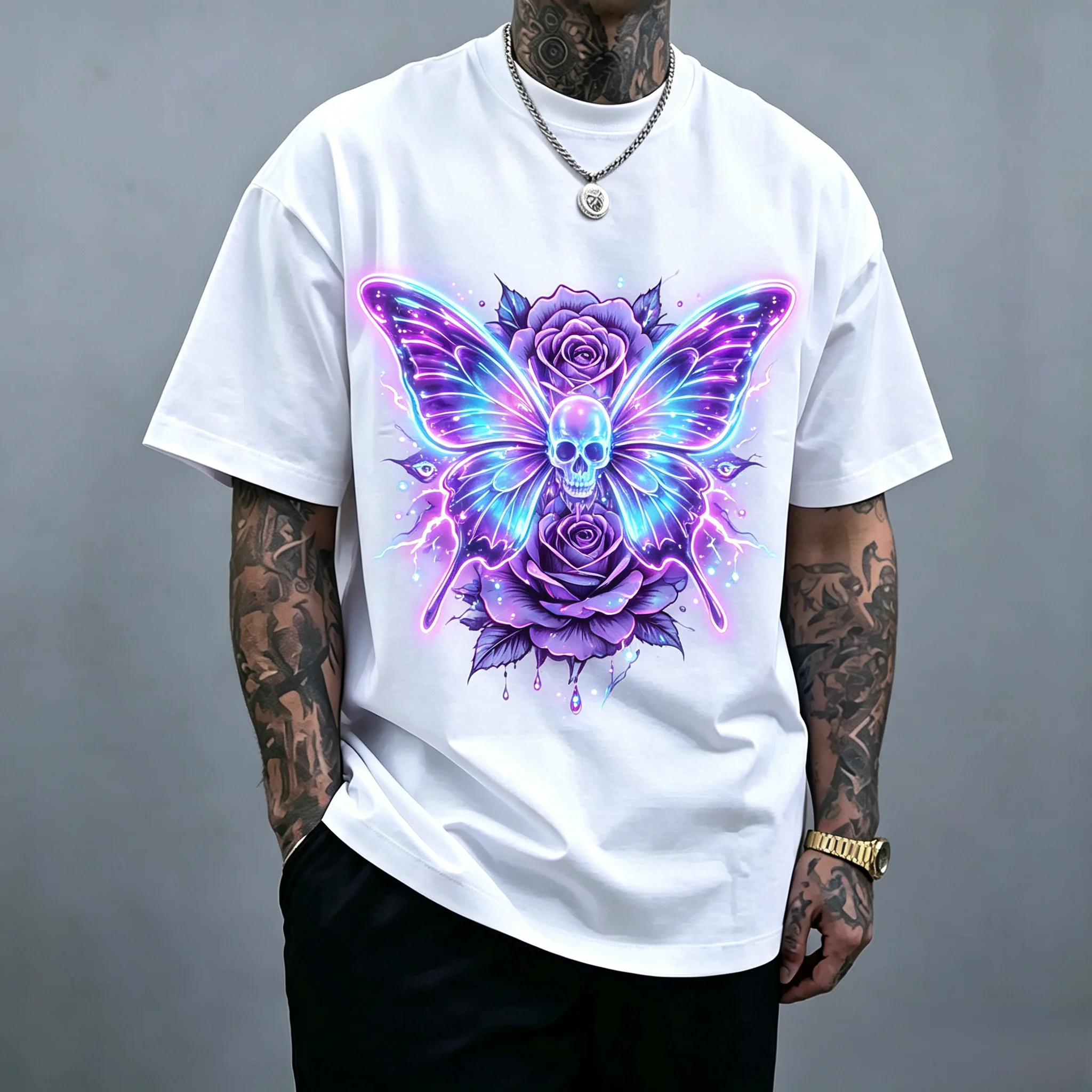 Unisex Neon Skull Butterfly Rose T-Shirt Gothic Purple Floral Graphic Tee Vintage Dark Tattoo Style Oversized White Short Sleeve Streetwear For Men Women