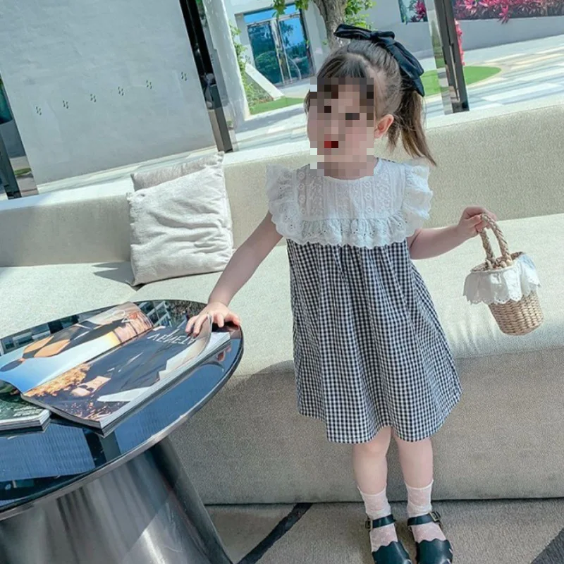 Girls' Plaid Lace Dress Princess Dress25Summer New Foreign Trade Children's Wear Delivery3-8Years Old