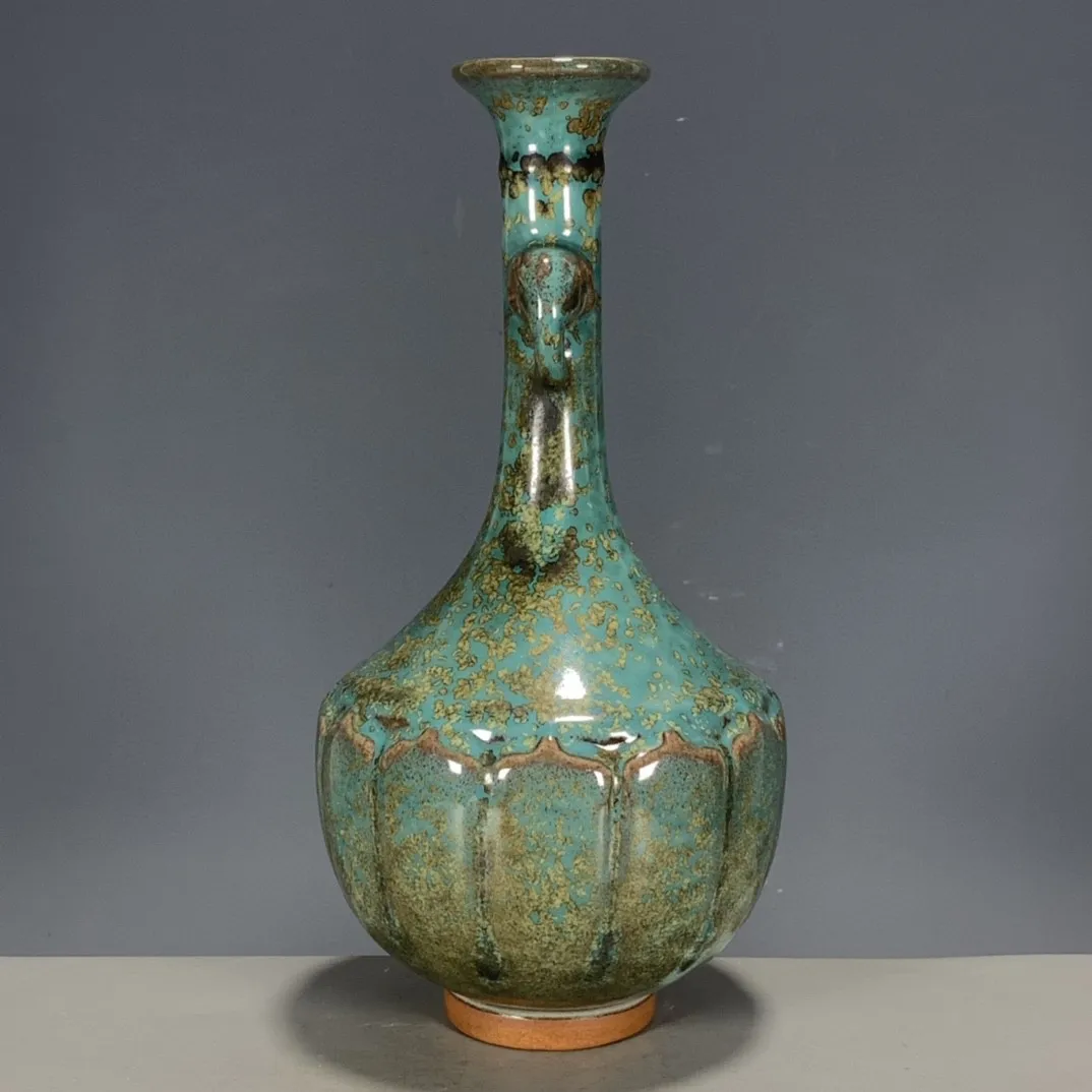 Vintage Style Kiln Glaze Ceramic Vase - Chinese Double Elephant Ear Flame Bottle Zen Wabi Sabi Home Shelf Entryway Decor