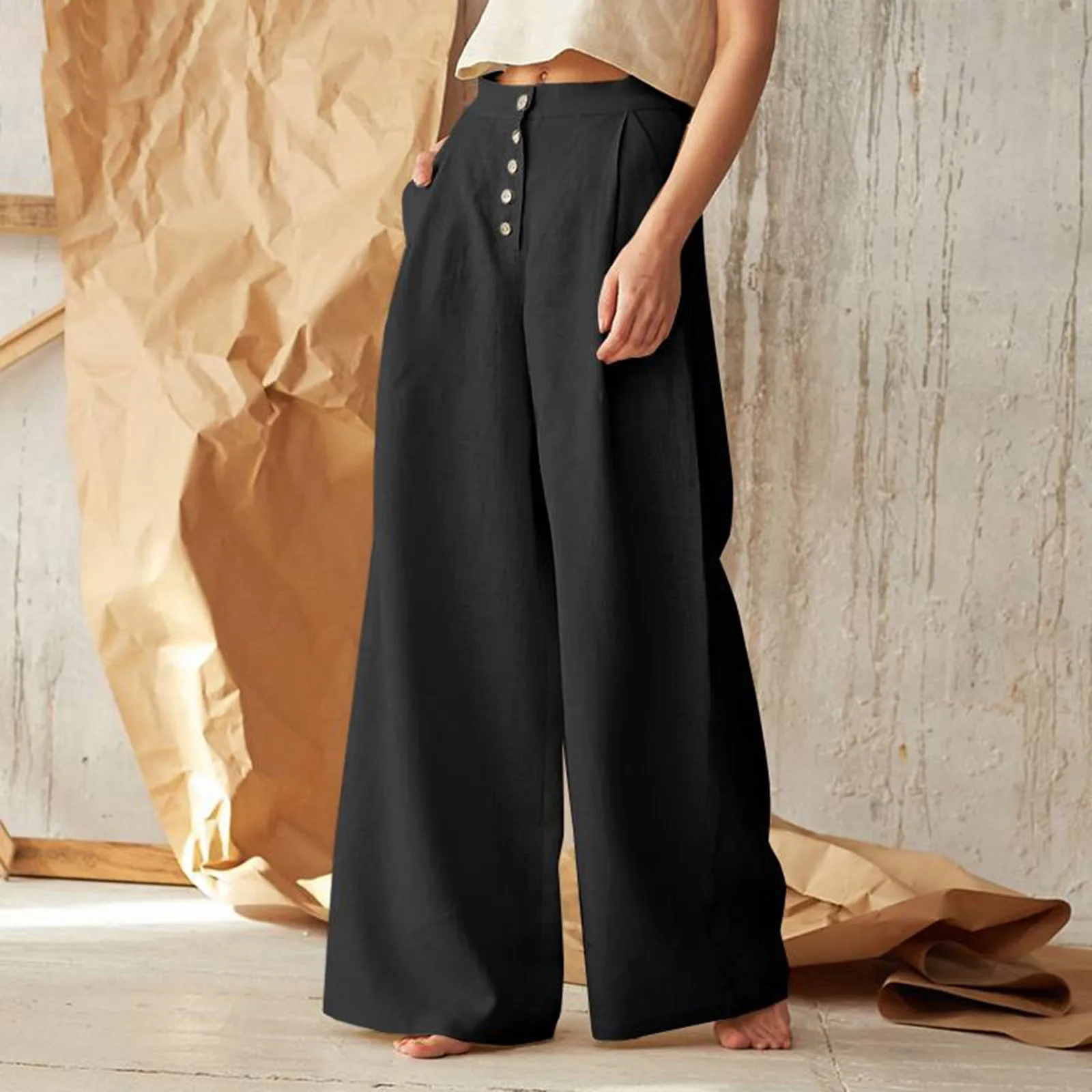 

Classic Women Cotton Linen Capri Pants High Waist Oversize Wide Leg Trousers For Women Green Elegant Harem Pants Streetwear