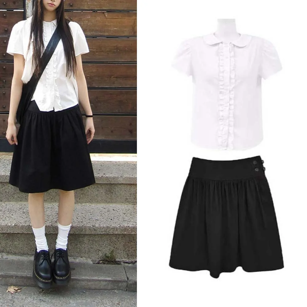 

Classic Japanese Style Skirts High Waist Pure Color Double Button Slimming A Line Fluffy Skirt for Women White Shirts Tops
