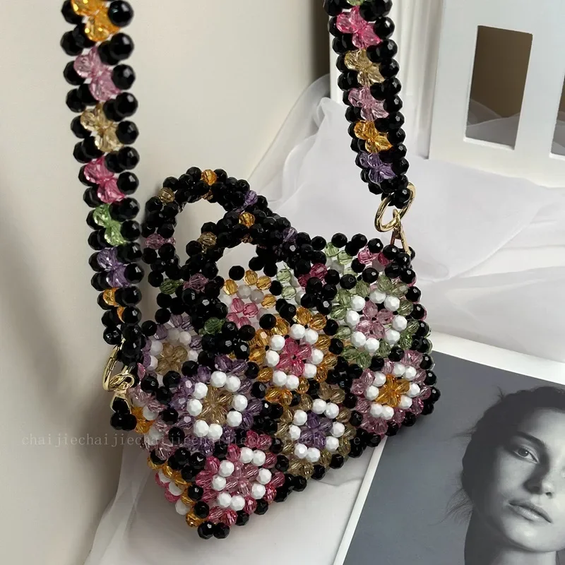 Colorful Beaded Flower Handbags For Women Fashion Hollow Hand-beaded Small Handbag Tote Bags Ladies Daily Shopping Shoulder Bag