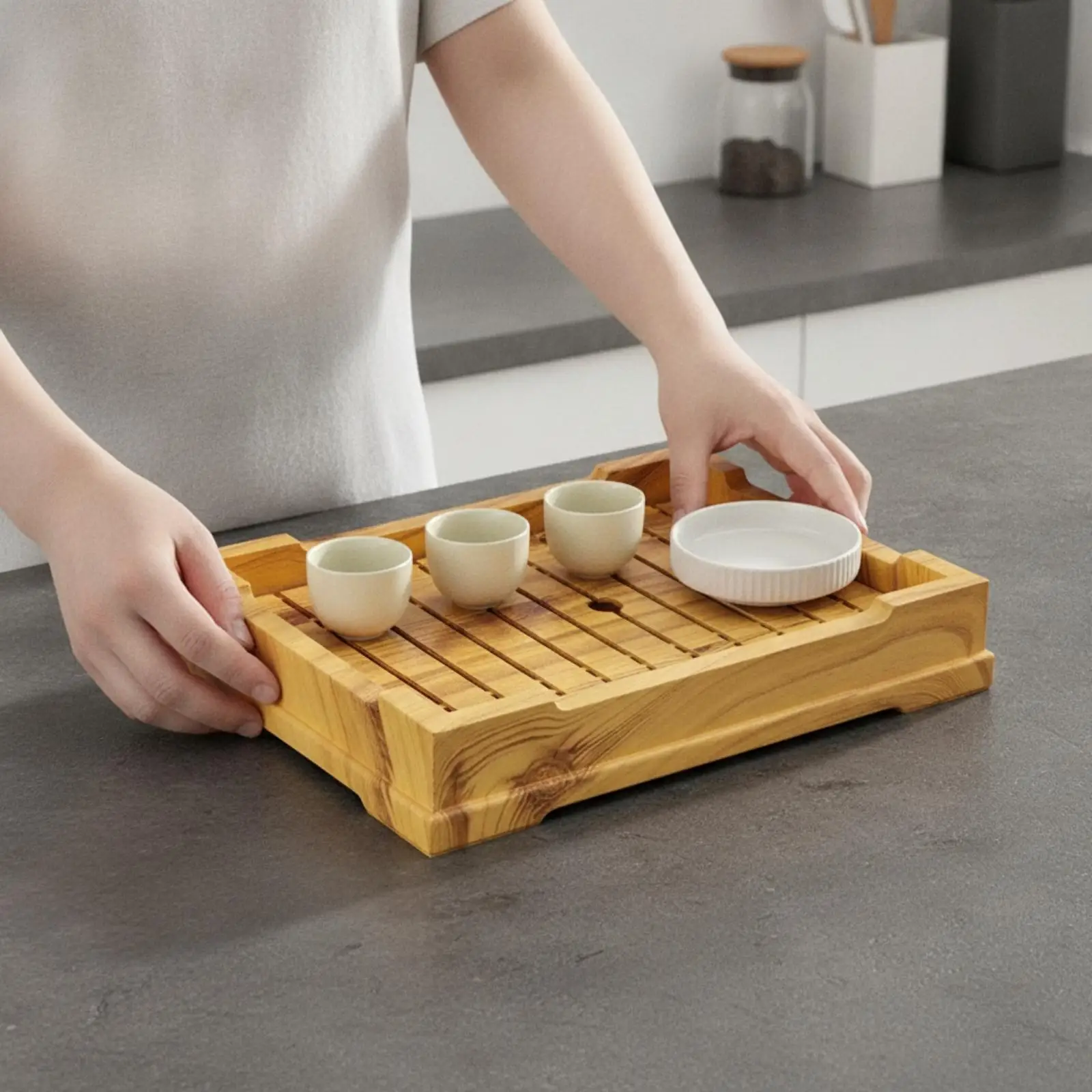 Sushi Serving Tray Rectangular Wood Texture ABS Plastic with Raised Edges for Sashimi Appetizer Plating Tea Party Table Server
