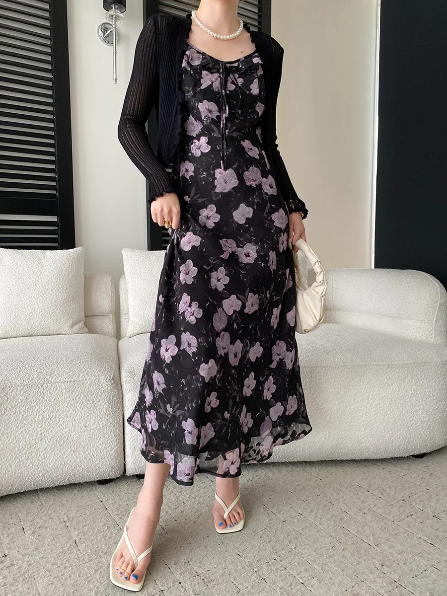 Frühlings- und Sommer-Set für Damen: Rüschenkleid mit Schnürung und Blumenmuster sowie Strickjacke – Detail 28
