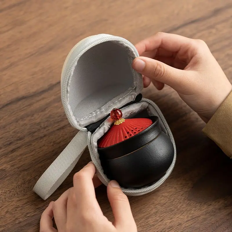Black Portable Gaiwan Ceramic Travel Tea Set with Bag Chinese Official Hat Teapot Quick Cup One Pot One Cup Set Travel Souvenir