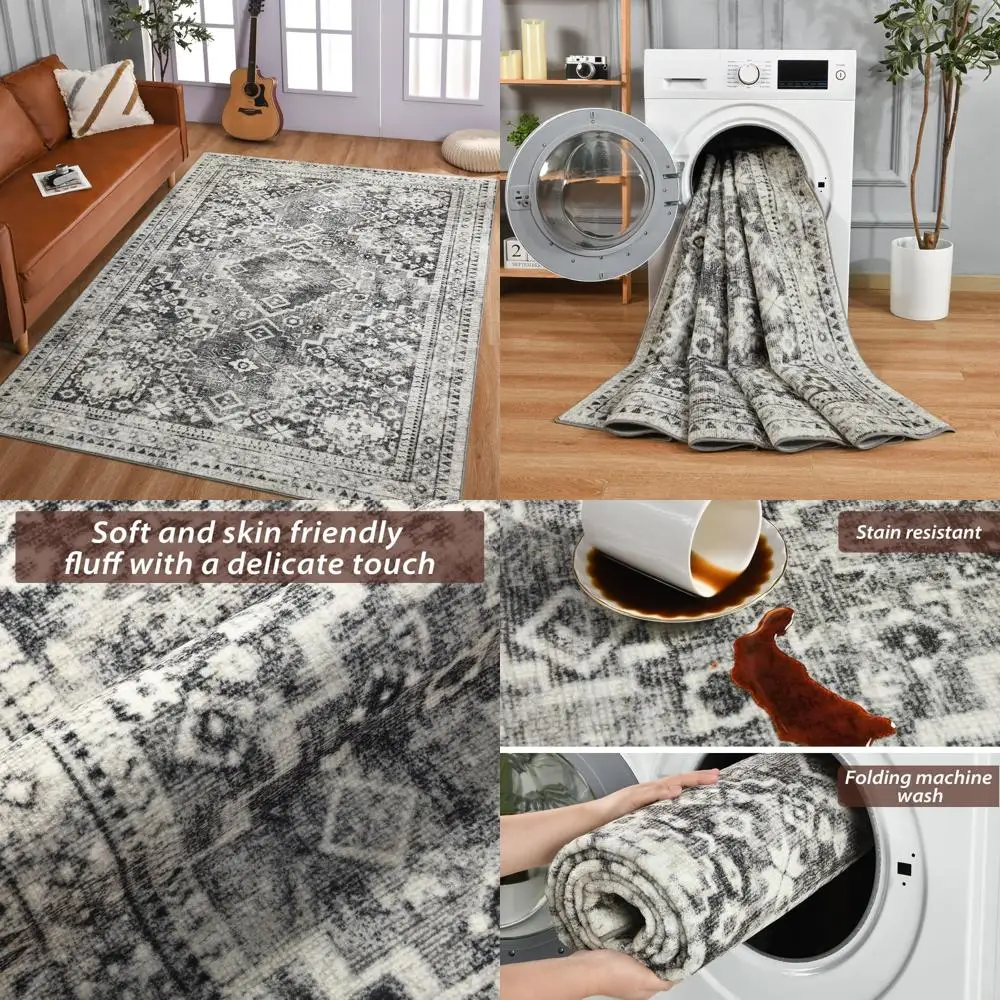 

6x9 Washable Taupe Gray Vintage Area Rug, Non-Slip Distressed Carpet for Living Spaces, Bedrooms, Kitchens, and Offices