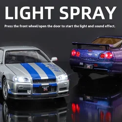 1:24 Nissan GTR R34 Skylin Fast & Furious Alloy Diecast Car Model Sound & Light Pull Back Collection Hobby Series Birthday Gift