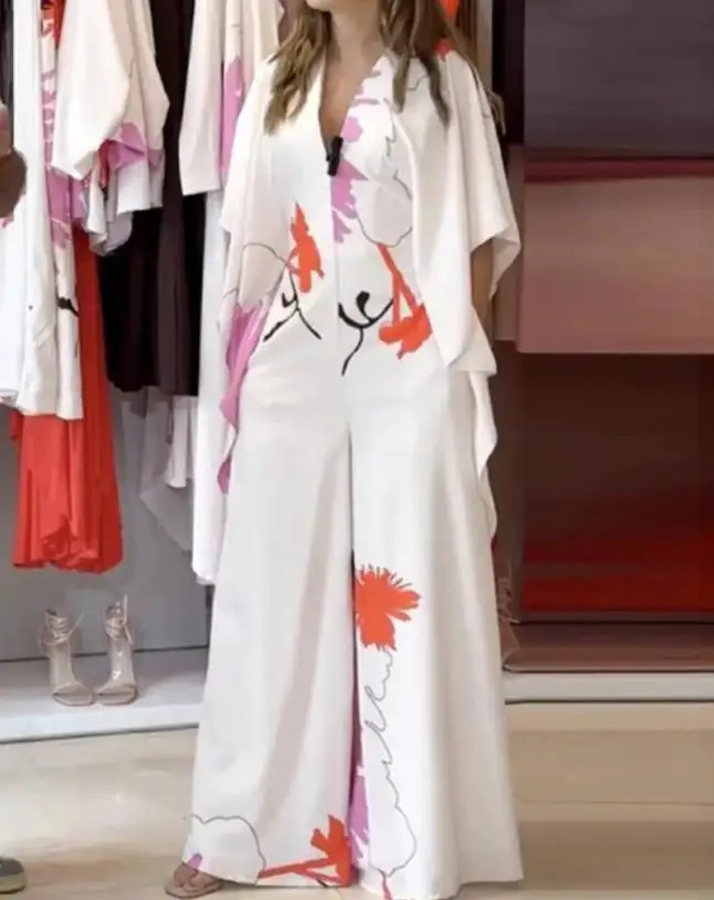 Summer Women's Fashion Colorblock V-Neck Half Sleeve Wide Leg Jumpsuit Jumpsuits for Women Wear Temperament Female Dairy Clothes