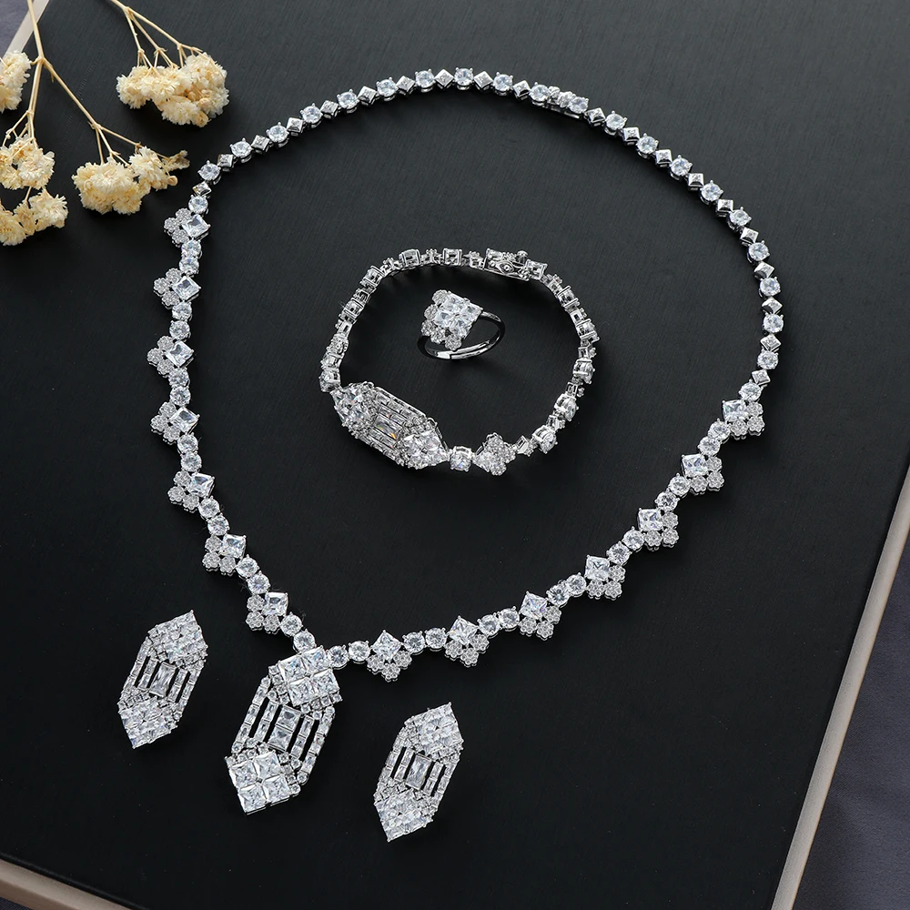 Luxury and fashionable necklace, earrings, bracelet, ring, all miniature cubic zirconia women's wedding jewelry set S539