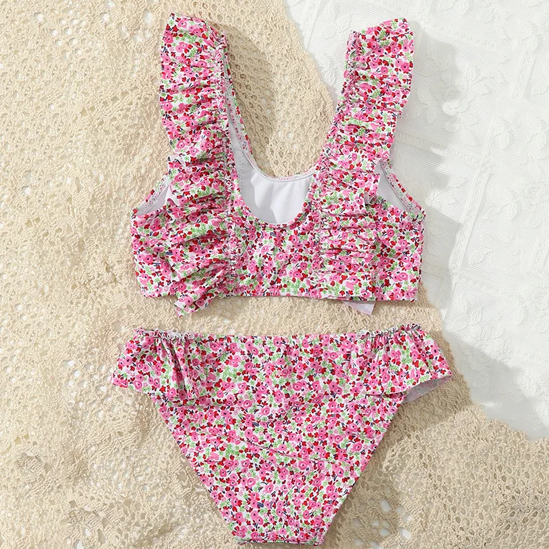 Zestawy bikini dla dzieci dziewczęcy kwiatowy strój kąpielowy dzieci letni strój kąpielowy z rozcięciem dzieci Cartoon śliczne stroje kąpielowe z falbanką nowe kostiumy kąpielowe