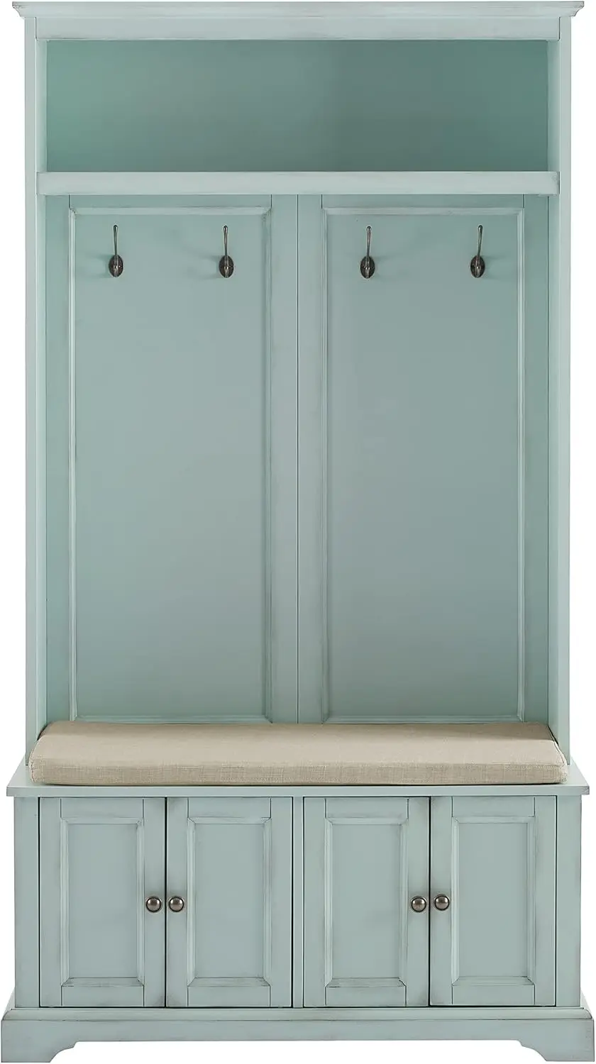 Furniture Holbrook Hall Tree with Shoe Rack Bench and Coat Hooks for Hanging Storage, Distressed Seafoam Blue