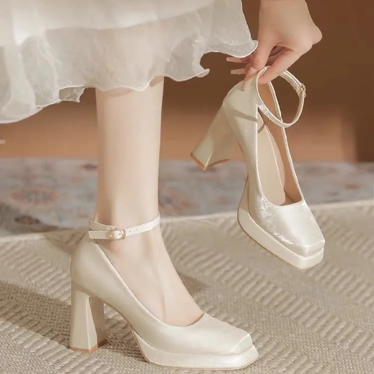 Mary Square Head Bridal Shoes Wedding Shoes White Waterproof Table High Heels Women's Thick