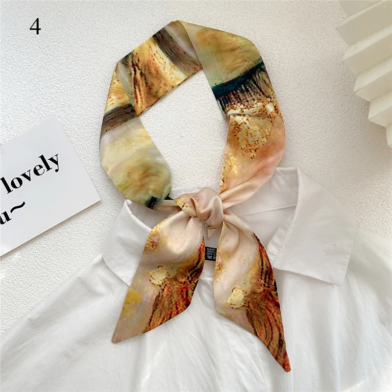 6*105cm Narrow Neckerchief Women Long Silk Scarf  Oil Painting Print Streamer Small Scarf Headband Silk Satin Bag Scarves