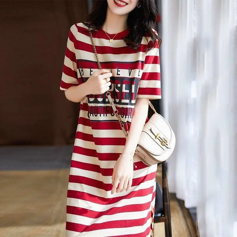 Women\'s Striped O-neck Short Sleeve Midi Dress, Loose Fitting Clothes, Casual Fashion, Elegant, Office Lady, Simplicity, Summer