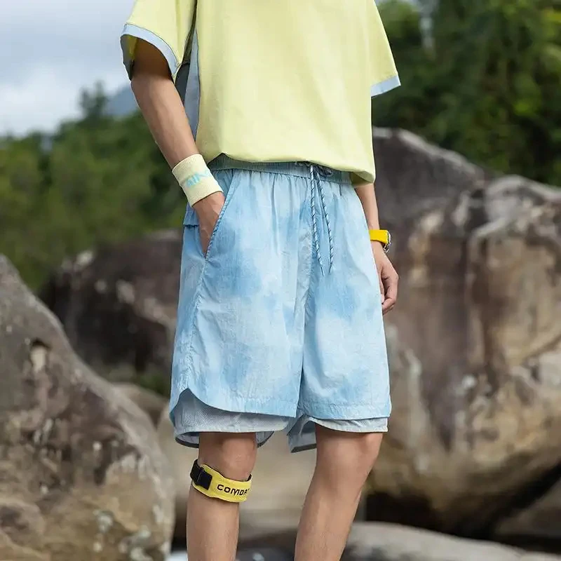 2026 Summer Casual American Style Men's Shorts, Thin Two-Layer Fake Five-Point Shorts, Quick-Dry, Two-Layer Sports Pants